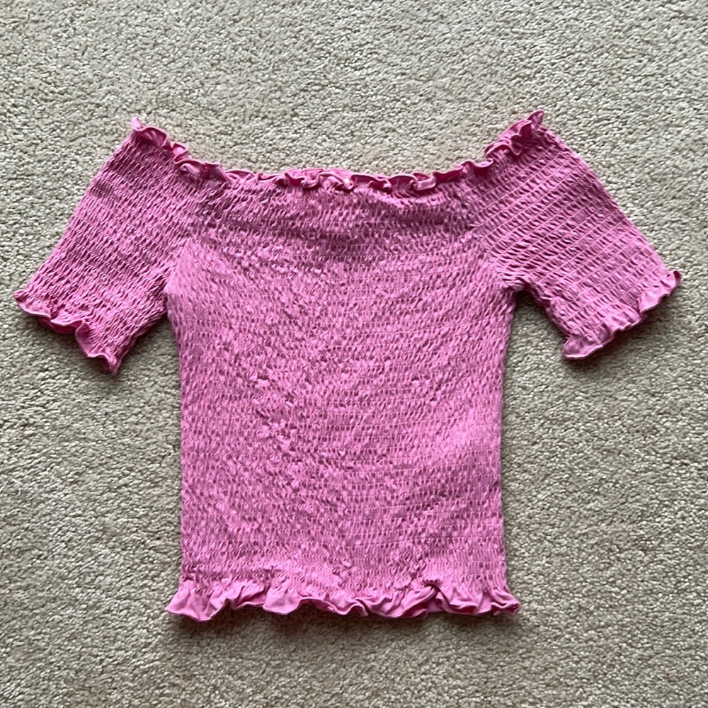 H&M Lettuce Crop Top / Off Shoulder: Bubblegum Pink